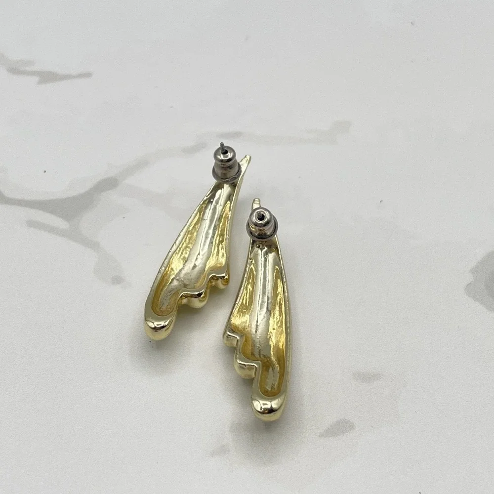 Vintage VTG Gold Tone Dangle Earrings Shiny Abstract Wing‎ Mid-Century Modern